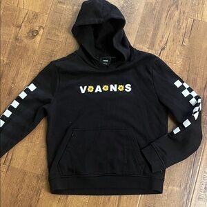Vans Girls Black Hoodie with Checkered Sleeves and Floral Logo